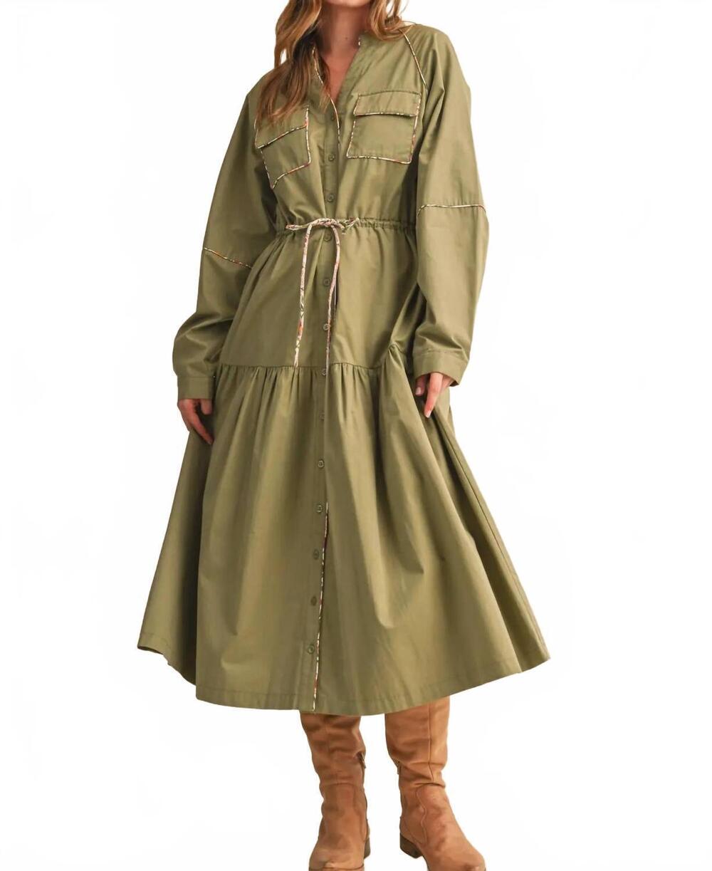 NEW &MERCI utility midi dress with contrast piping trim in olive